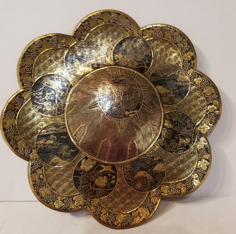 Japanese gold inlaid iron dish, circa 1880 (1 of 7)