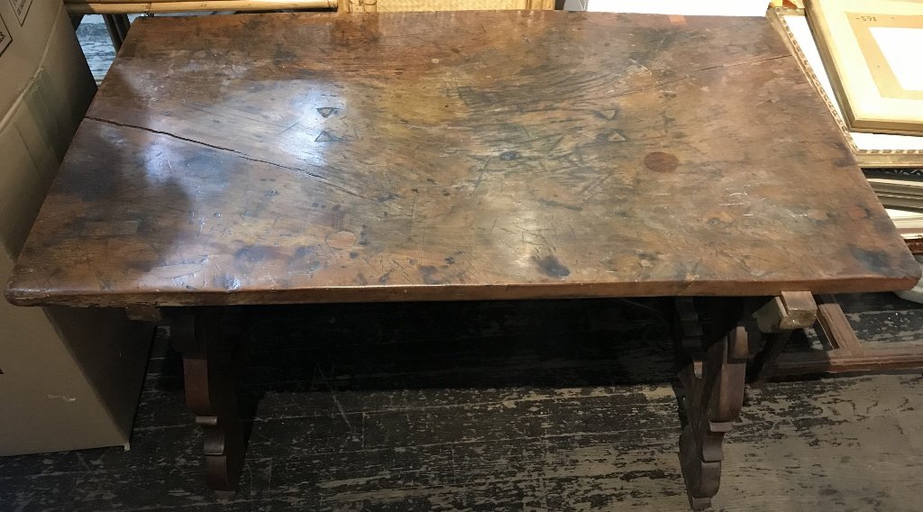 Early wood table with cast iron supports (1 of 9)