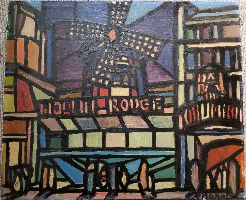 Painting of Moulin Rouge, signed Rouault: Painting of Moulin Rouge, signed Rouault. This oil on board, which came out of a NYC estate, has the look and signature of the French painter Georges Rouault, however we could find no evidence that he