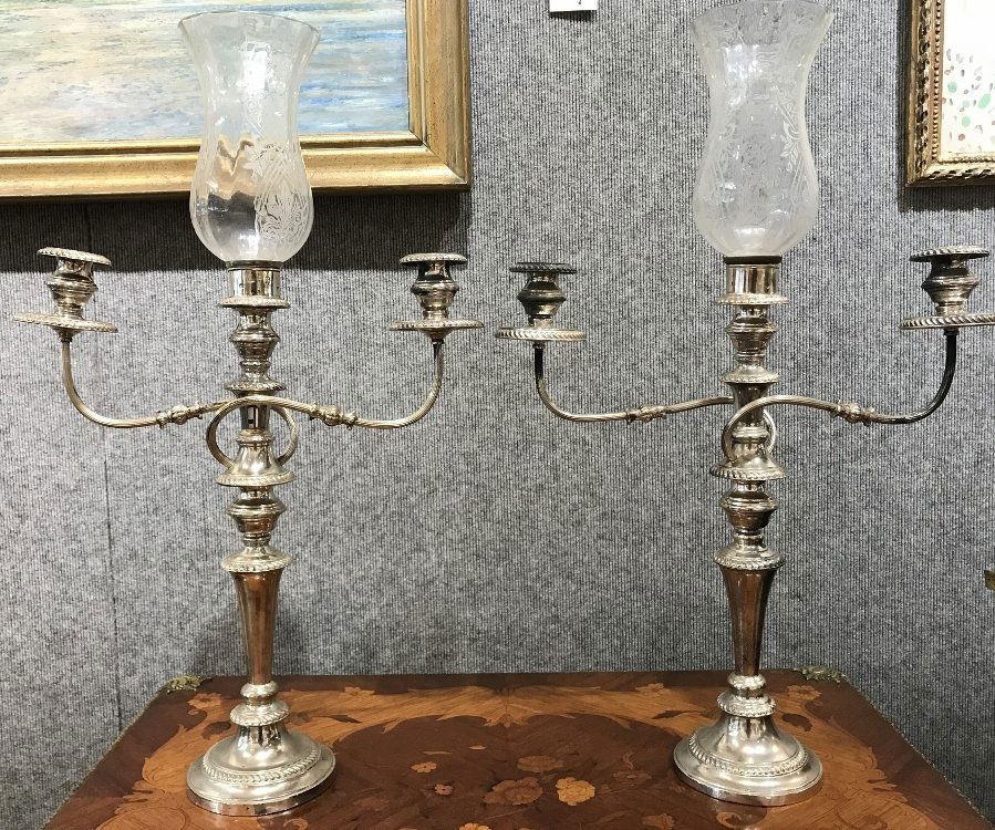 Pair of silverplate candlesticks, w/shades, c.1900 (1 of 10)