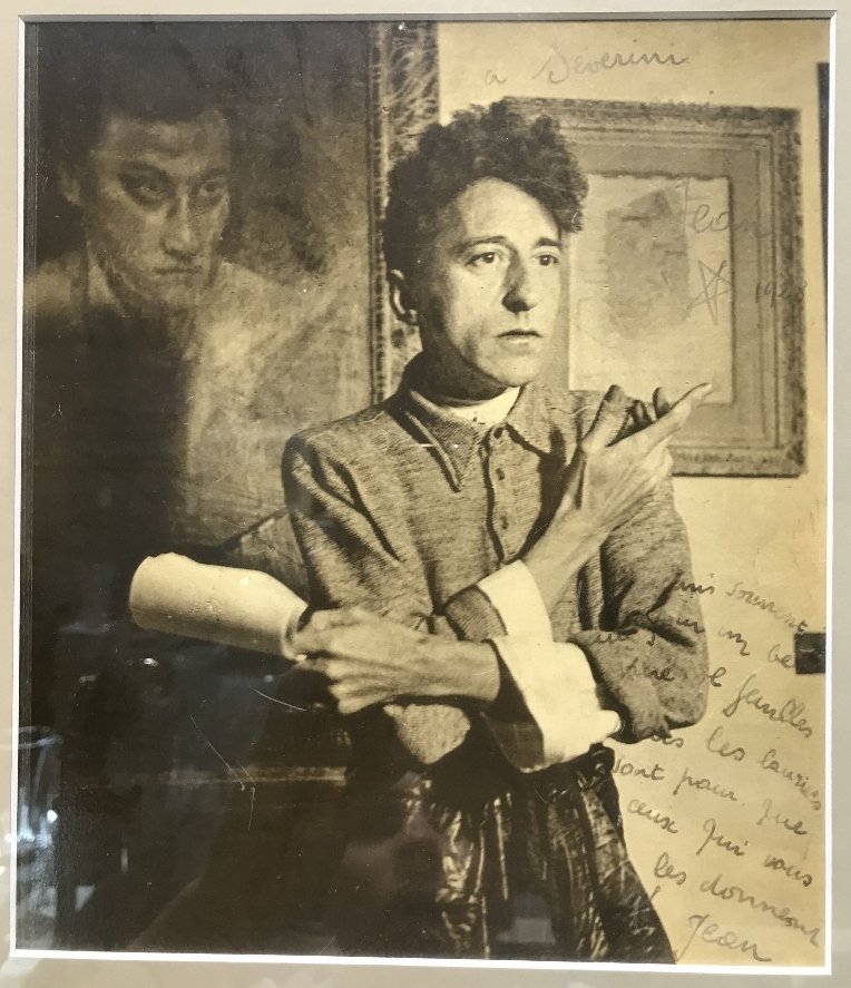 Photo J.Roubier, inscrib Jean Cocteau, 1935: Photo of Jean Cocteau by J.Roubier, inscribed in pen by Cocteau. Dimensions with frame H 16", W 14.75", picture H 9", W 8".An orignal photo from the famous series Roubier did of Jean Cocteau, what mak