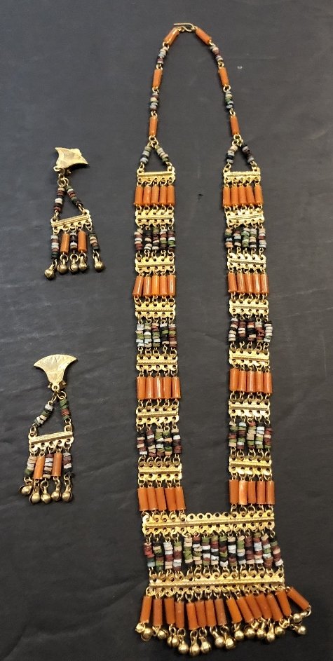 Egyptian necklace and earrings, Dr Horowitz Estate NYC: Egyptian necklace and earrings, Dr Horowitz Estate, NYC. Brass parts are modern, a lot of the beads are ancient Egyptian. Necklace: 25.5" long. Earrings: 3" long each.