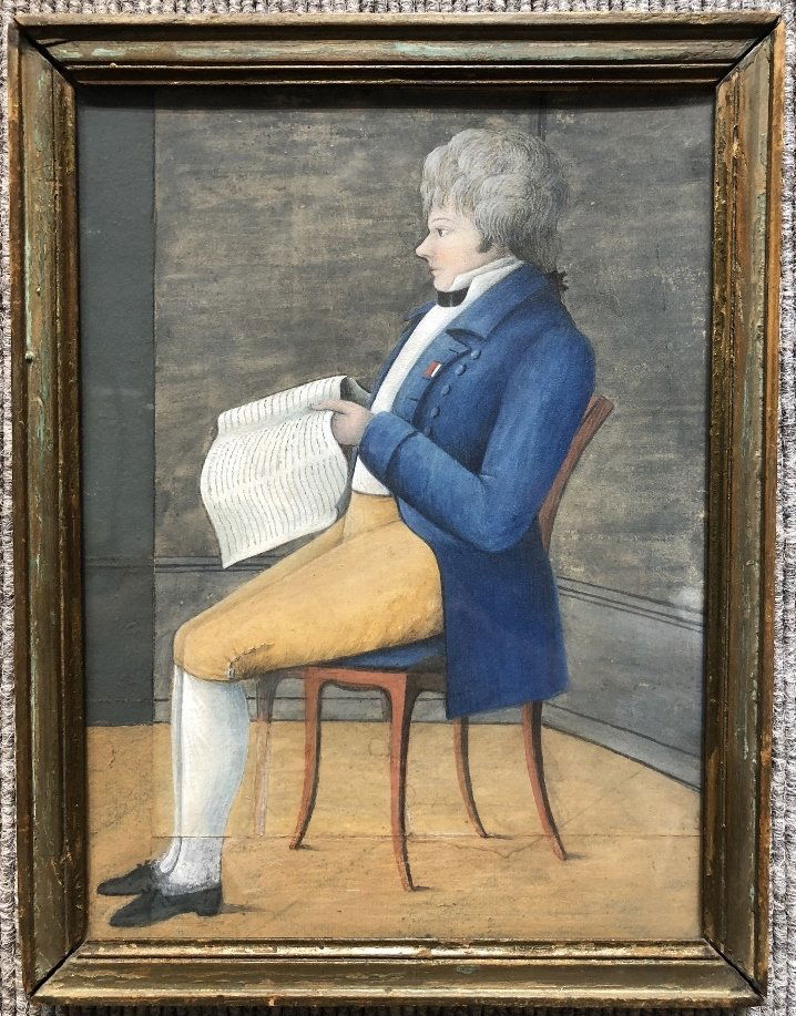 Folk art watercolor of man sitting in chair, c.1780 (1 of 5)