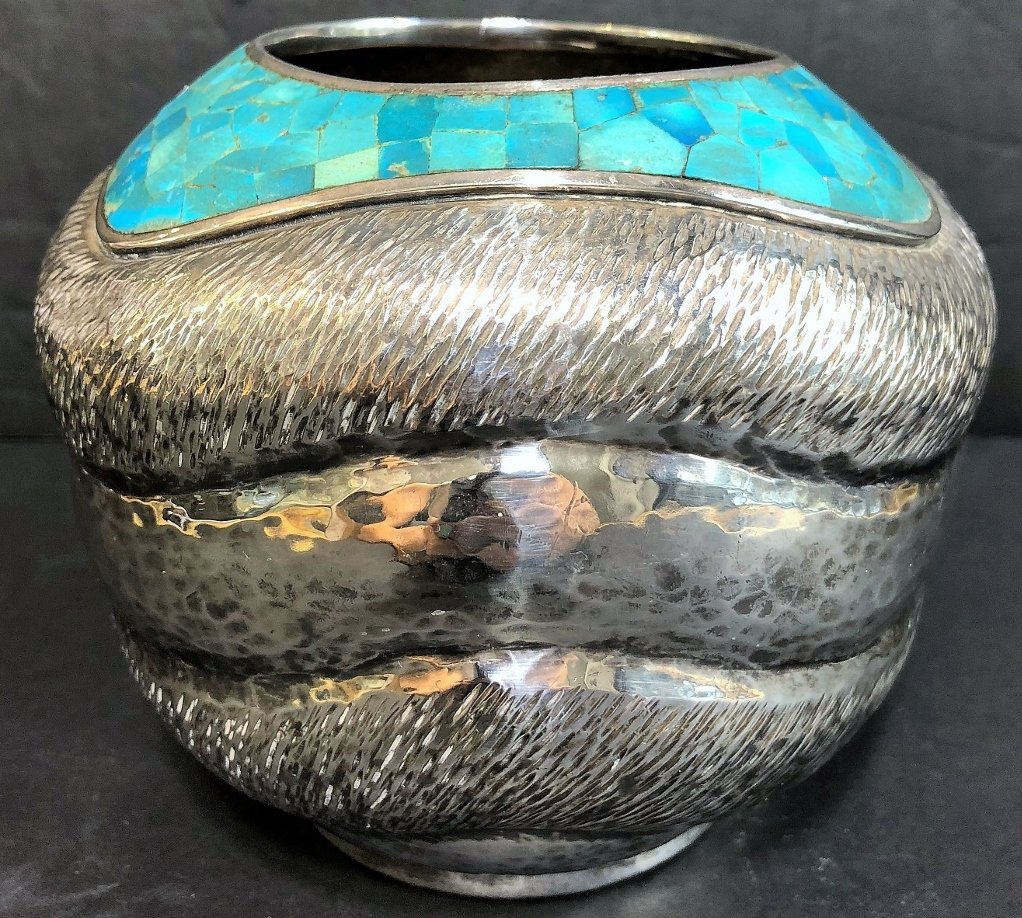 Los Castillo silver & turquoise cobra bowl, 17.7t.oz: Los Castillo silver & turquoise cobra bowl, 17.7t.oz, 5.5 in high, 6.5 in wide.