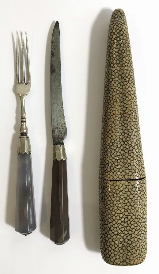 Agate handle fork & knife, sharkskin holder,17th cen (1 of 11)