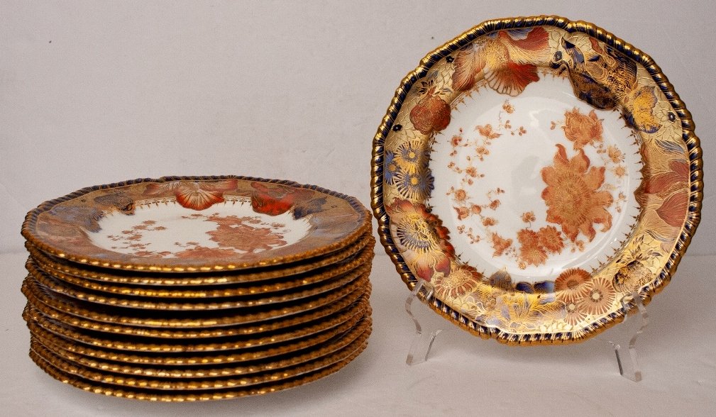 Gorgeous set of 12 Royal Crown Derby plates, c.1910 (1 of 5)