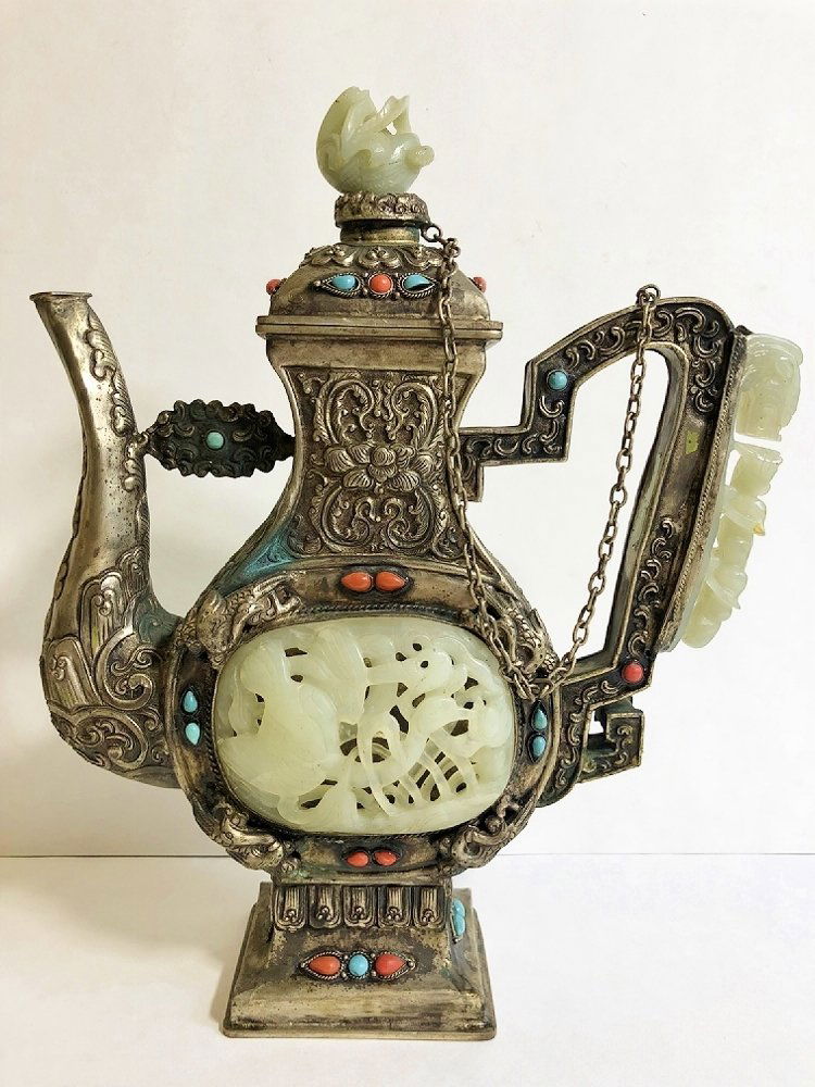Mongolian silver and jade vessel, 39.3 t.oz (1 of 9)