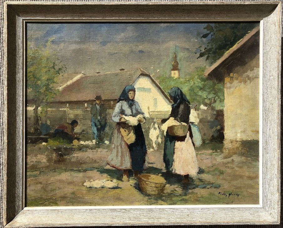 Hungarian village painting, c.1930, signed illegibly (1 of 6)