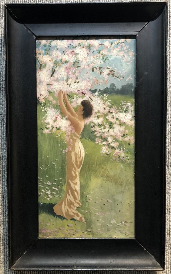 Gouache, woman w/flowers, Albert L.Groll,c.1900 (1 of 6)