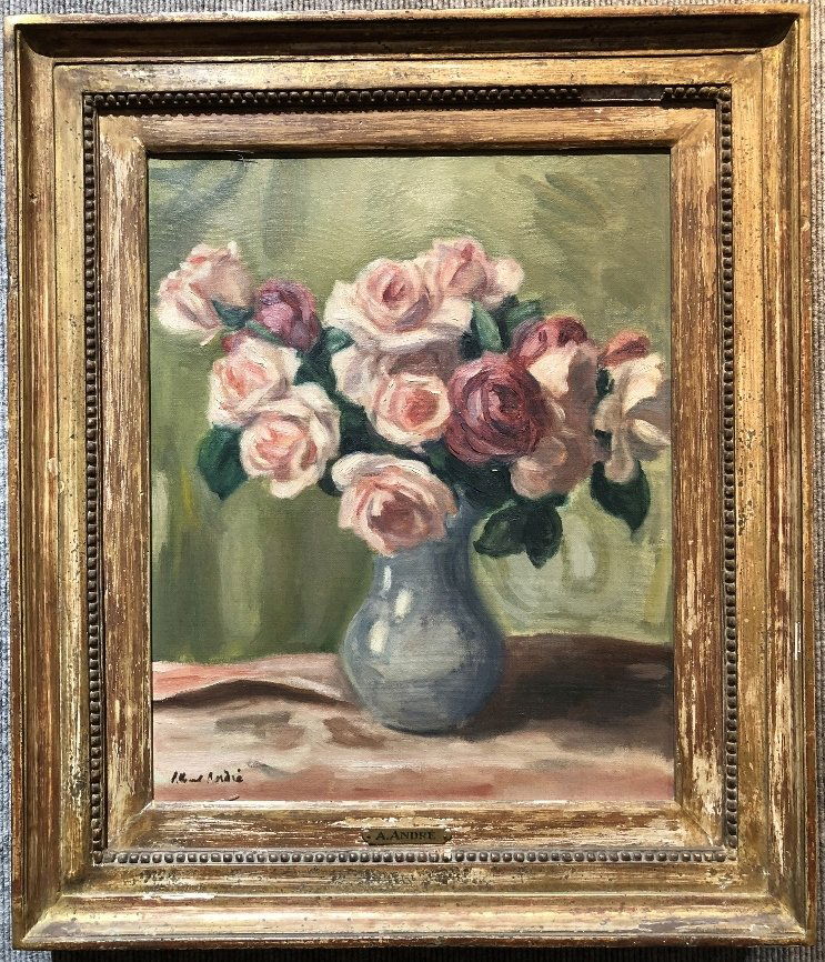 Flower still life painting by Albert Andre, c.1925: Flower still life painting by Albert Andre, c.1925.The paintng is 18"x 15" in a frame 21"x 18".(From Wiki):"Albert André ( 24 May 1869 – 11 July 1954) was a French Post-Impressionist figurative pai