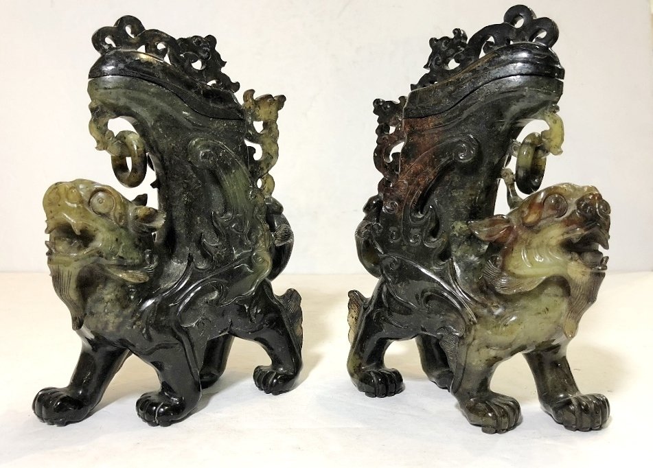 Pair Chinese hardstone carvings of mythical beasts: Pair Chinese hardstone carvings of mythical beasts. 5"W x 7"H