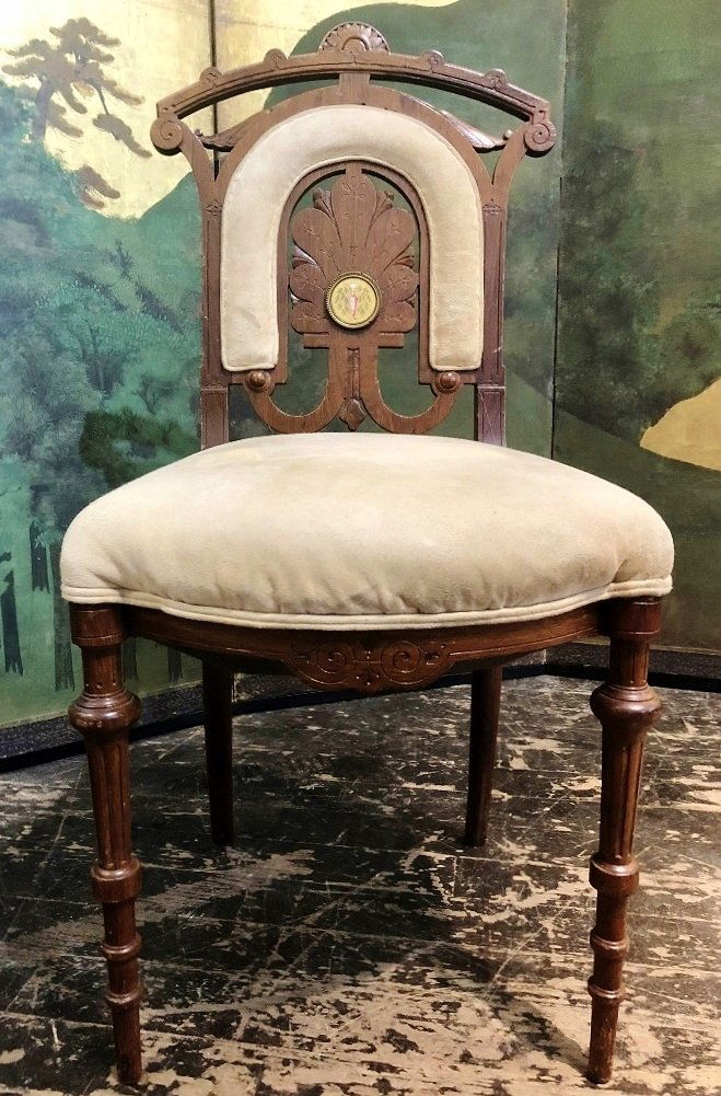 Wood side chair with porcelain plaque, c.1880 (1 of 6)