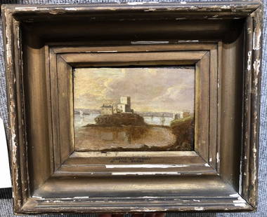 Painting of Jersey boats by Paul Sandby(British, 19thc): Painting of Jersey boats by Paul Sandby (British, 19thc). Minor chips to the paint on the frame. Frame H 11" x W 13", painting 5" x 6.5".