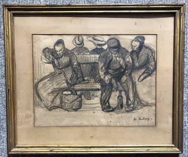 Drawing of people at station by Pierre de Belay, c.1920: Drawing of people at station by Pierre de Belay(1890-1947).Frame 14" x 17", drawing 9" x 12".Circa