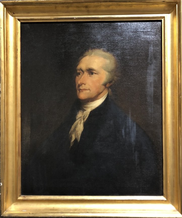 19th century painting of Alexander Hamilton: 19th century oil on canvas painting of Alexander Hamilton. Unsigned.22 inches x 27 inches in a frame 24 inches by 29 inches. This has a stencil on the back of the canvas which says something about the