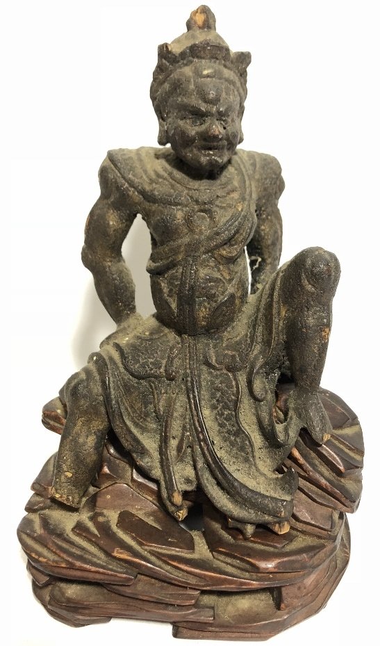 Jap Meiji carved wood Guardian on stand, c.1900: Jap Meiji carved wood Guardian on stand, c.1900