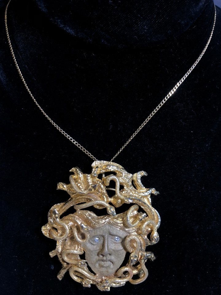 14k Medusa brooch,diamond eyes, on 14k chain (1 of 8)
