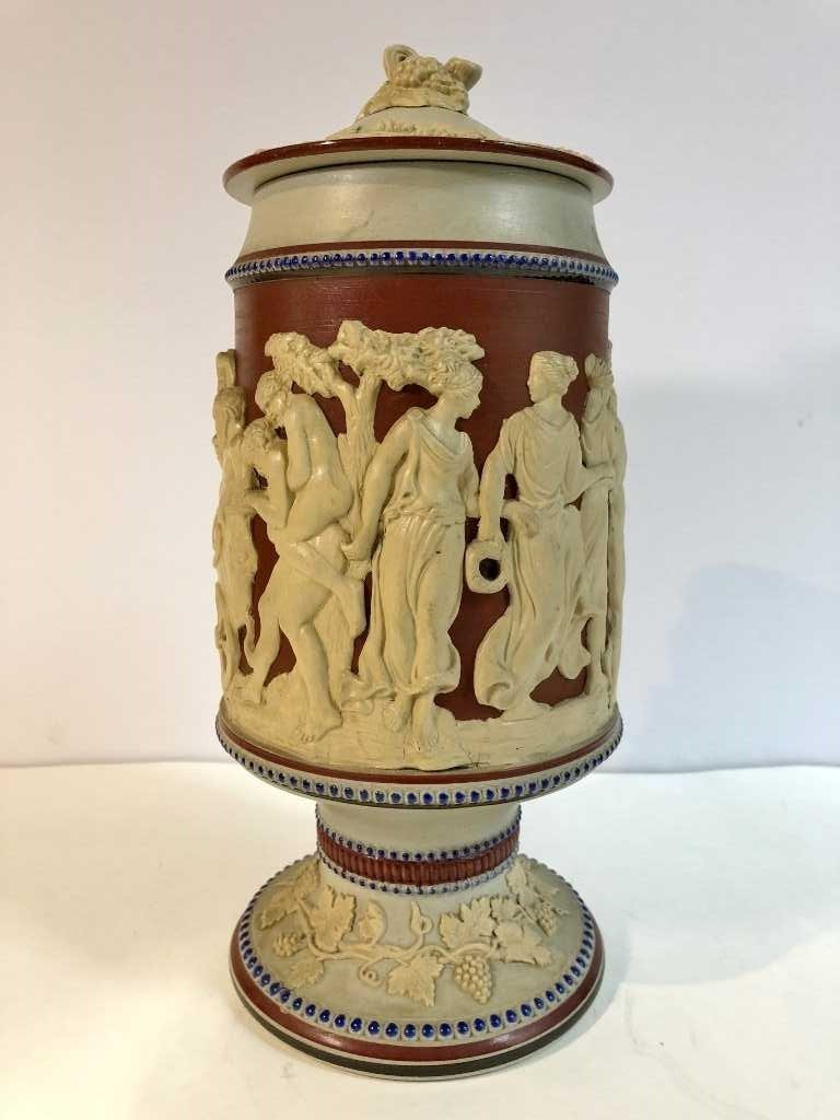 Mettlach type covered jar, c.1900 (1 of 9)