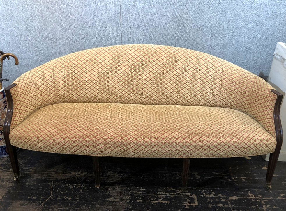 Upholstered sofa, Duncan Phyfe style: Upholstered sofa, Duncan Phyfe style. 31"D x 77"W x 36"H.