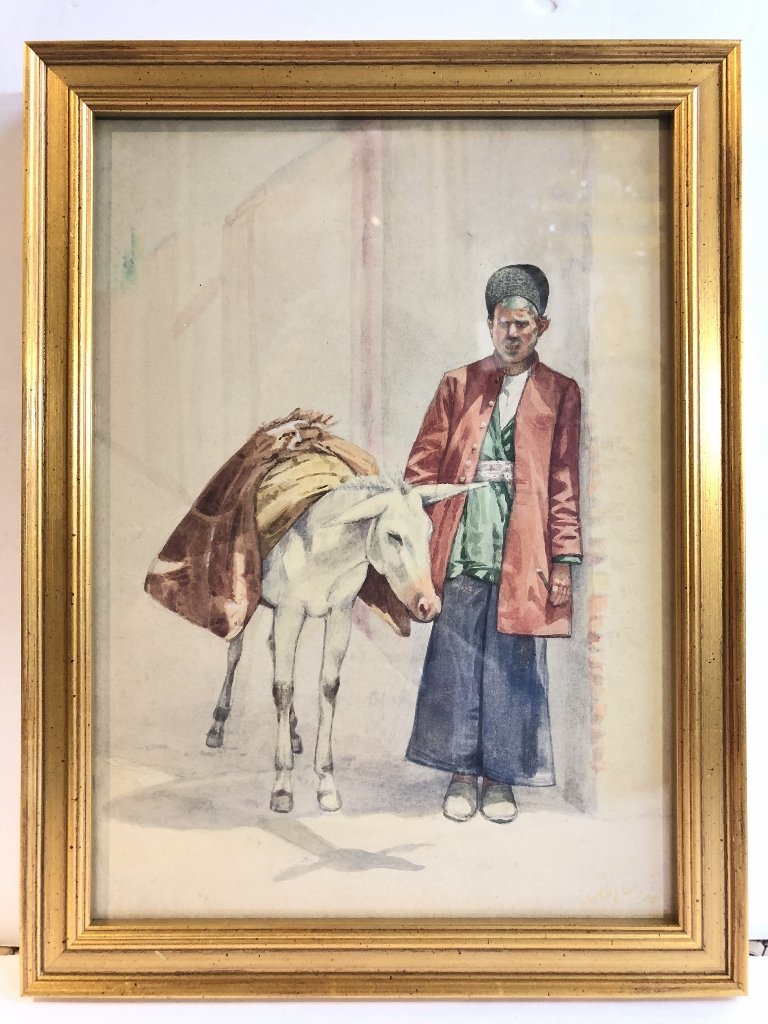 Watercolor, Persian man with donkey, signed, c1930 (1 of 6)