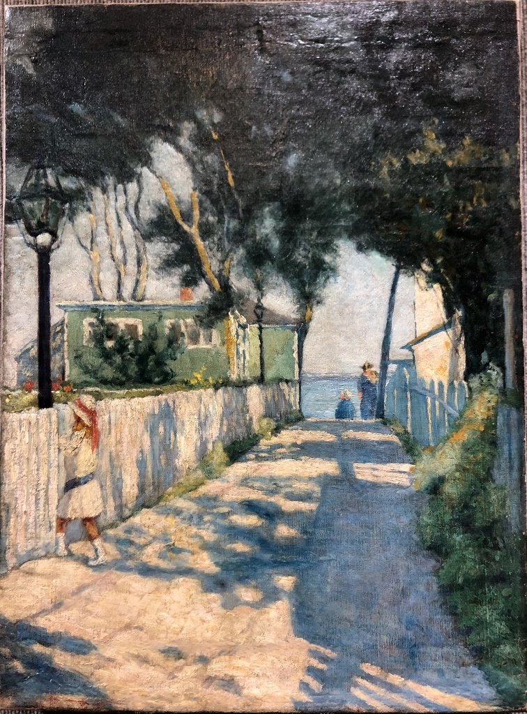 American painting of village, c.1910, new stretcher (1 of 7)