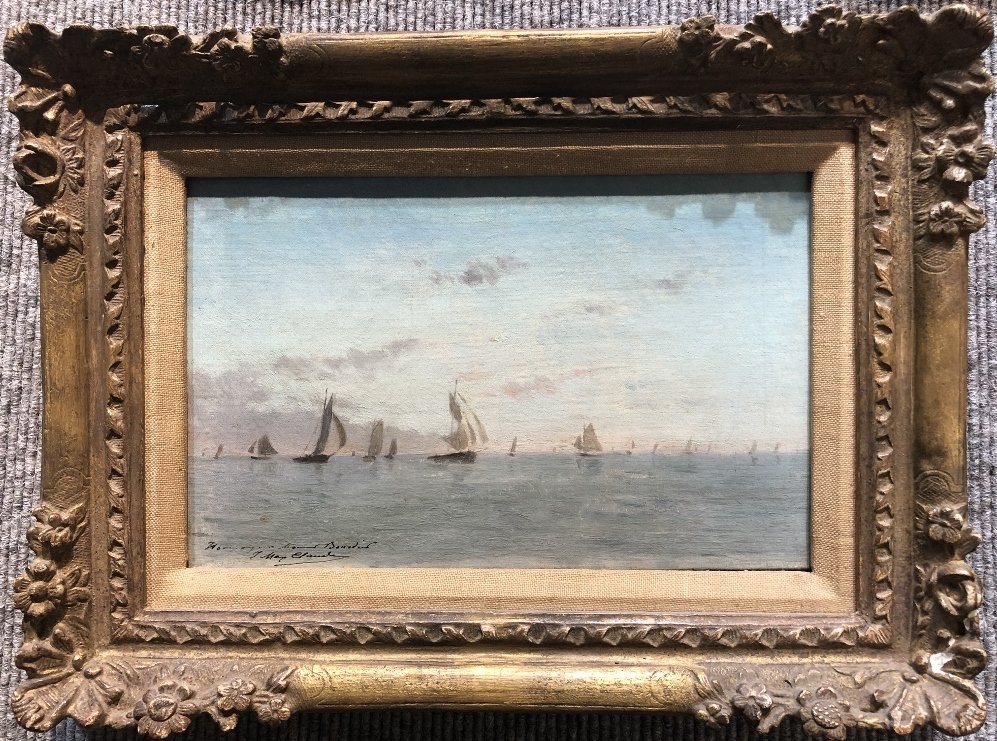 Painting of sailboats, Jean-Maxime Claude (French 19c): Painting of sailboats, Jean-Maxime Claude (French 19c).9" x 6" in a frame 11" x 8".//////////////////////////////////////////////////////////////////////(From the Oxford Index online):"French, 19th ce