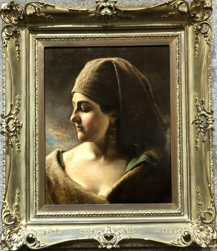 19th century painting woman with hat, signed illegibly (1 of 5)