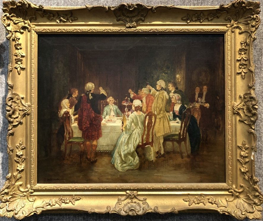 Painting of a toast by Frank Moss Bennett(British): Painting of a toast by Frank Moss Bennett(British 19th). The paintng is 19"x 15" inches in a frame 21"x 18". ////////////Provenance:Paul Hunn Revoc Trust,NYC./////////////Frank Moss Bennett(1874–195