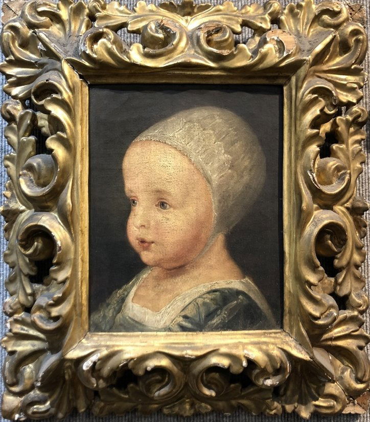19th century painting of baby girl after Van Dyck: 19th century painting of baby girl(?).The painting is 8"x 11" in a frame 18" x 19".There is a direct similarity to this painting and the portrait of the infant James II by Van Dyck, shown on the inter