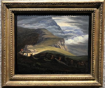 Painting of mountain pass, by Heinrich Reinhold(18th): Painting of mountain pass, by Heinrich Reinhold(18th). The painting is 6.2" x 8", in a frame 9.2" x 11".Heinrich Reinhold was born in Gera, Thuringia, the younger half-brother of the landscape painter