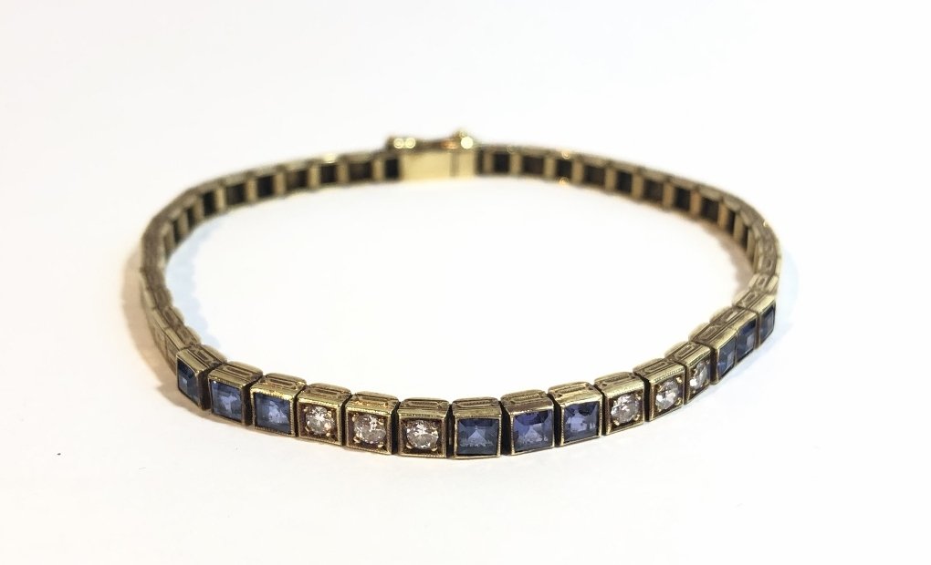 14k diamond and sapphire line bracelet, c.1925 (1 of 7)
