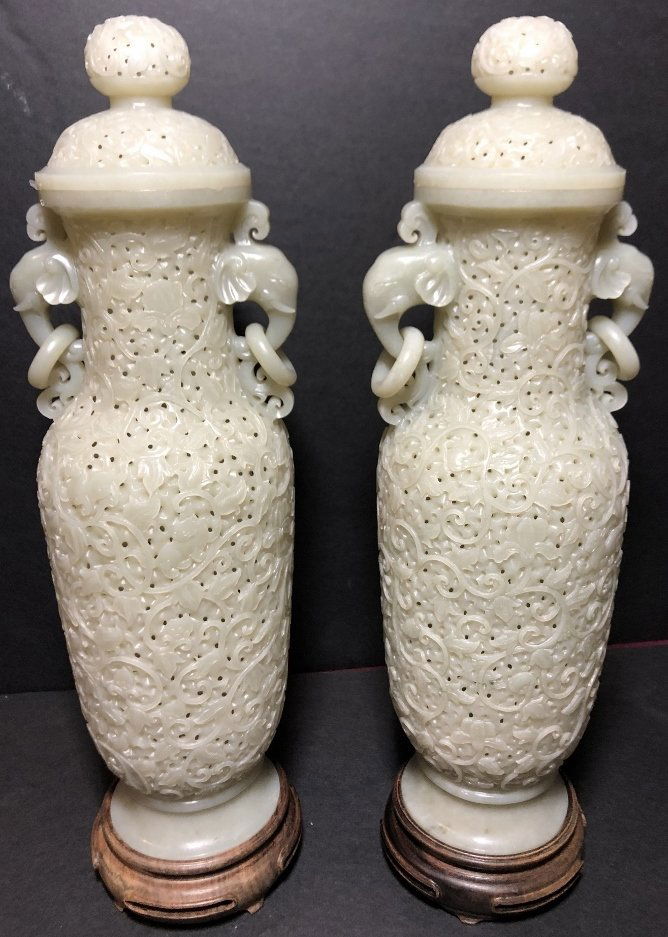 Pair of Chinese celadon hardstone vases, c.1900 (1 of 19)