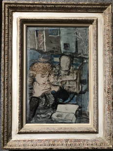 Painting of girl with book by Eric Isenburger(American): Painting of girl with book by Eric Isenburger(American).The painting is 15.5" x 10", in a frame 122.5" x 16.5".