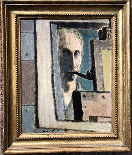 Painting of man smoking pipe by Eric Isenburger: Painting of man smoking pipe by Eric Isenburger. The painting is 19.5" x 15.5", in a frame 26.5" 23".Speculation during the exhibit in the gallery this week was that the subject of this painting was t