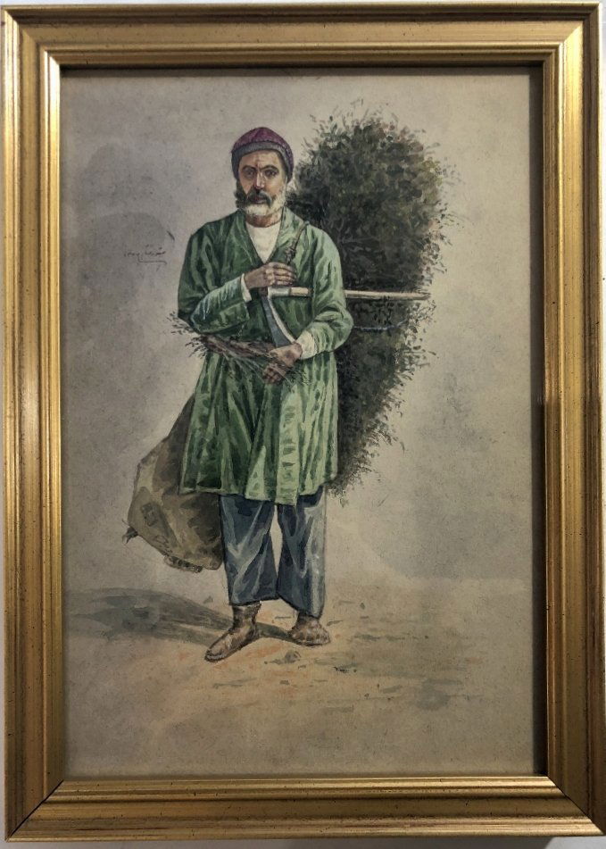 Persian watercolor, man carrying wood (1 of 5)
