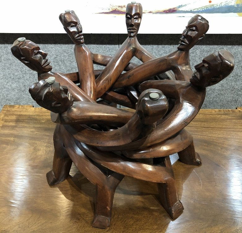 Carved wood table base, men's heads (1 of 7)