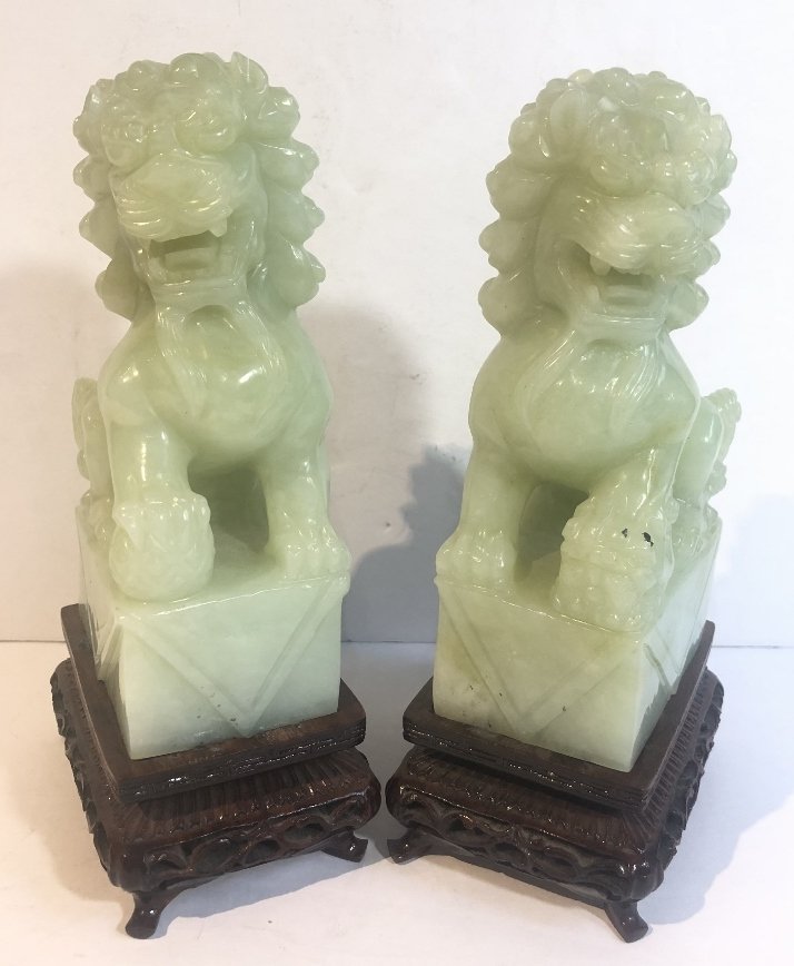 Pair of serpentine Foo Dogs, circa 1965: Pair of serpentine Foo Dogs, c.1965. H 8" with the stand, 6" without.