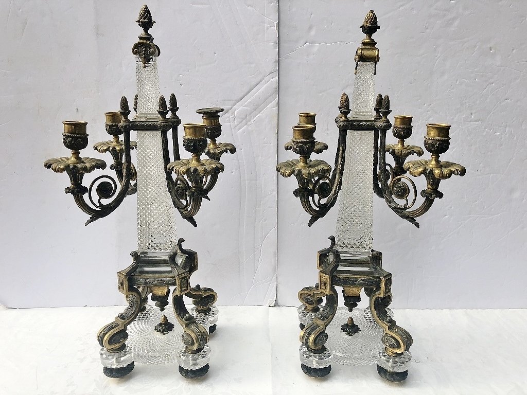 Pair of Baccarat table decorations, gilt bronze,c.1840: Pair of Baccarat Empire period table decorations, gilt bronze,c.1840.22 inches high each, by 9 inches wide.THESE DECORATIONS WEIGH 18 POUNDS EACH, VERY HEAVY, 36 LBS TOTAL.////////////////////////////