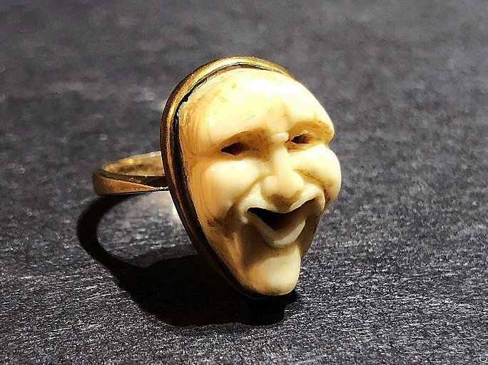14k ring with carved bone face, circa 1930: 14k ring with carved bone face, circa 1930, size 4.8, 3.5" dwt.