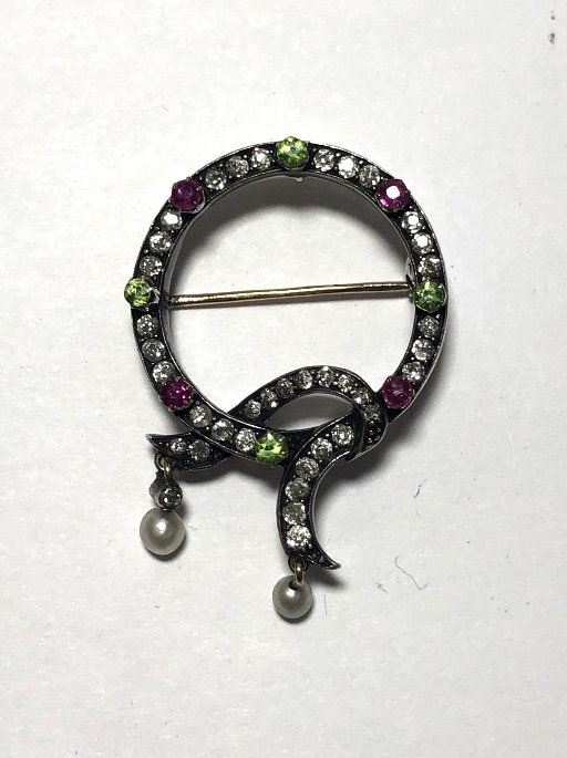 Small 14k gold,silver rose dia colored stone brooch (1 of 6)