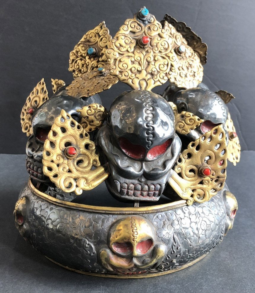 Tibetan silver and gilt metal skull crown (1 of 10)