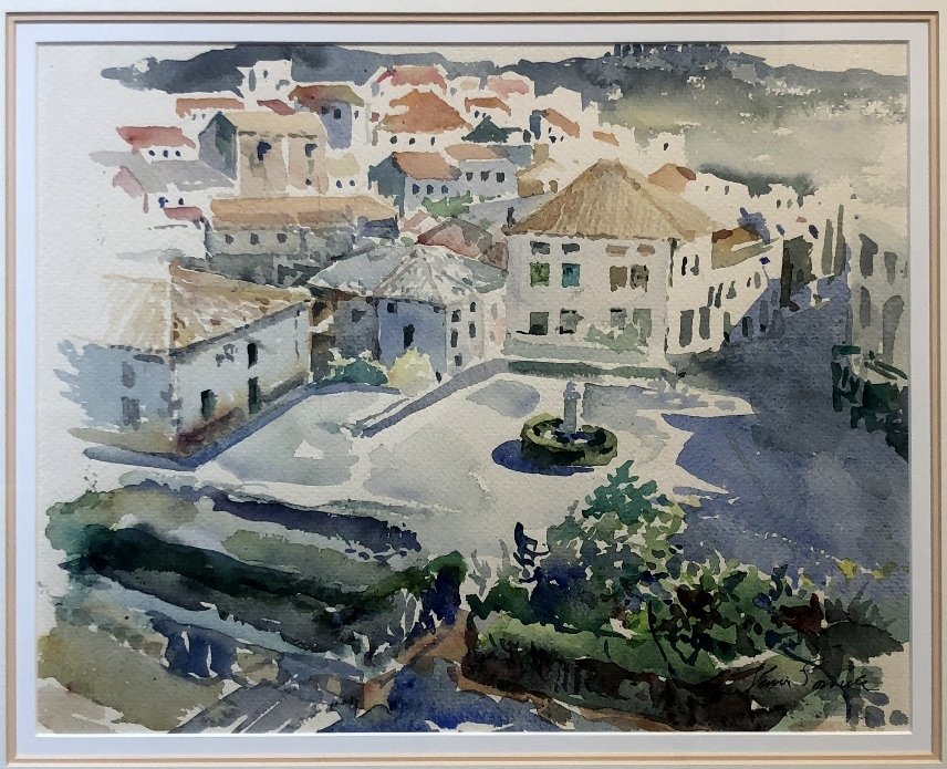 Watercolor of village by Xavier Gonzalez: Watercolor of village by Xavier Gonzalez. Dimensions without frame 15.5" x 12.5", with frame 24" x 21"./////////////////////////////////////////////////////////////////This work came from the collecti