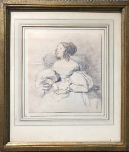 Drawing of his wife(?) by Josef Danhauser (Austrian): Drawing of his wife(?) by Josef Danhauser (Austrian).7" x 8" in a frame 13" x 15"./////////////////////////////////////////////////////Provenance:Krzystof Postawa Estate, Jackson Heights(Queens)New