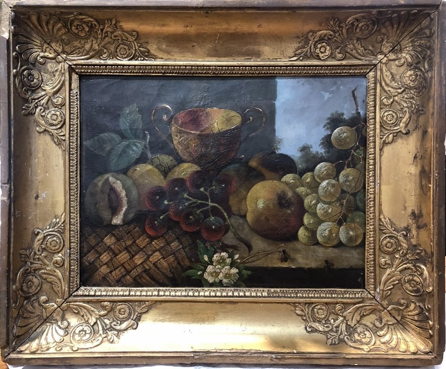 18th/19th cen ptg, fruit and flies, unsigned (1 of 7)