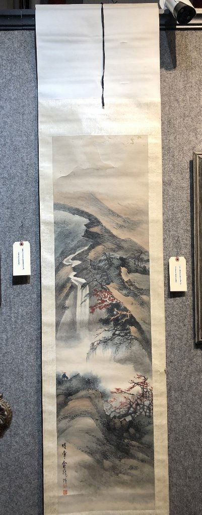 Chinese painted scroll, man by waterfall (1 of 6)