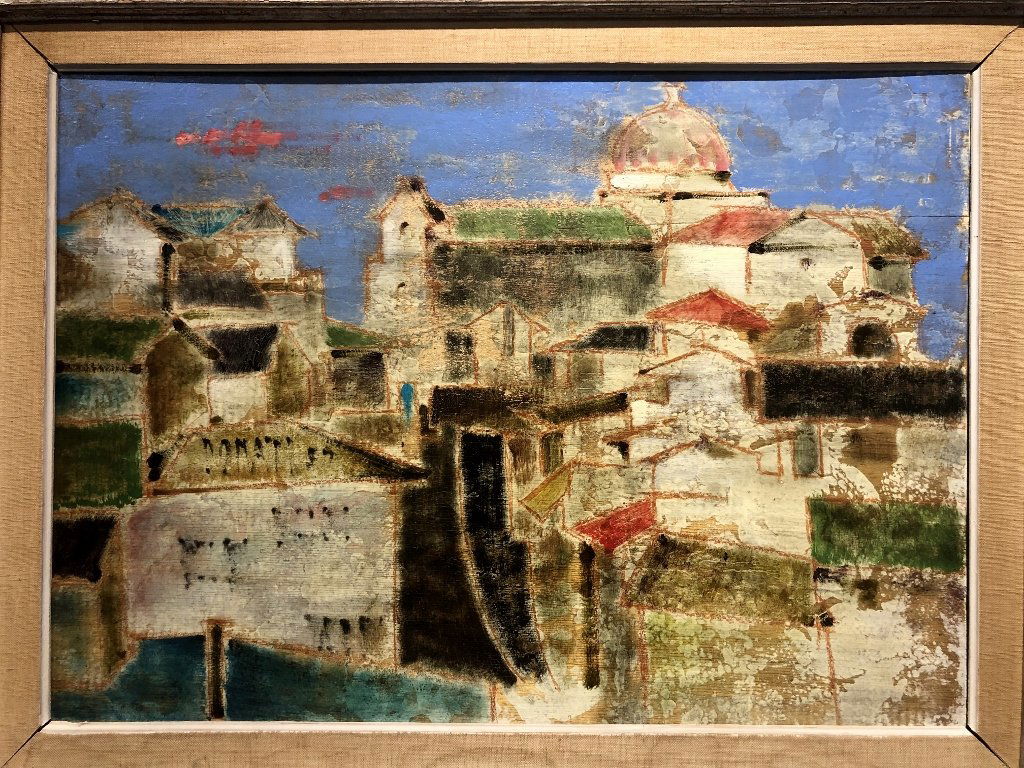 Painting on board of buildings by Lazzaro Donati: Painting on board of buildings by Lazzaro Donati. The painting is 19" x 27" in a frame 29" x 37". ///////////////Lazzaro Donati (January 8, 1926 [1] - 1977) was born in Florence and attended the Acade