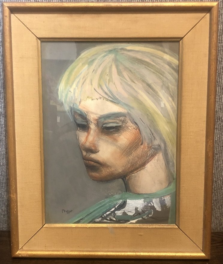 Gouache of young girl by Josef Presser: Gouache of young girl by Josef Presser, 16" x 20" in frame, 10.5" x 14.5" without frame