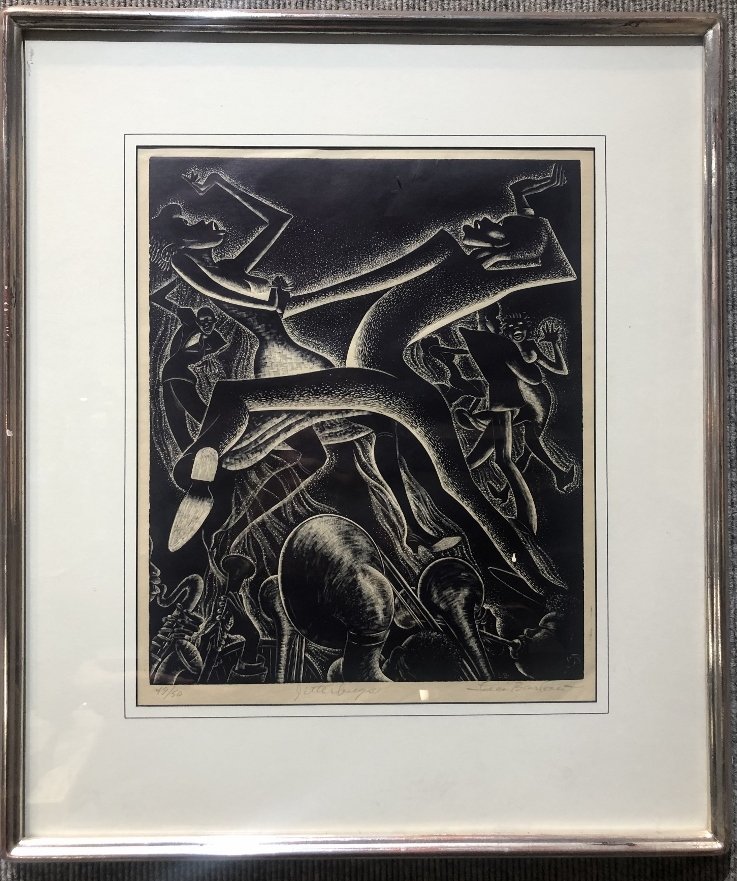 "Jitterbug" by Lou Barlow(Louis Breslow),woodcut: "Jitterbug" by Lou Barlow(Louis Breslow),wood cut.A copy of this print is in the collection of the Metropolitan Museum of Art.Refer:--------- https://www.metmuseum.org/art/collection/search/359338 ---