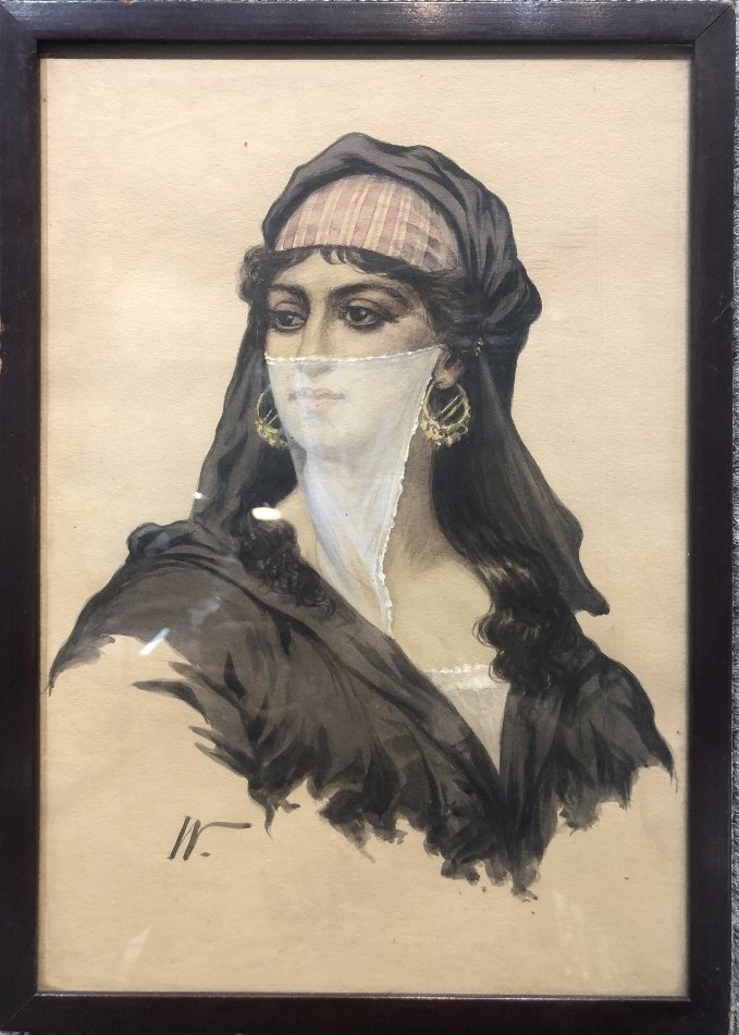 Watercolor of veiled woman by Edwin Lord Weeks,c.1880: Watercolor of veiled woman by Edwin Lord Weeks,circa 1880, 12.25" x 8.75".////////////////////////////////////////////////////////////////////////////////////////Weeks was born in Boston, Massachusett