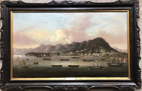 Painting of Hong Kong Harbor, circa 1850: Chinese Trade painting, Fonggua School of Macao,circa 1860."Hong Kong Harbor". Oil on canvas. Painting: 17 inches by 31 inches.Exhibition: Chinnery and the China Trade, Martyn Gregory Gallery, London.